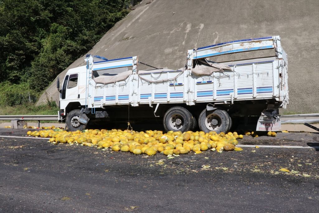 Kazaya karışan kamyondaki kavunlar yola döküldü