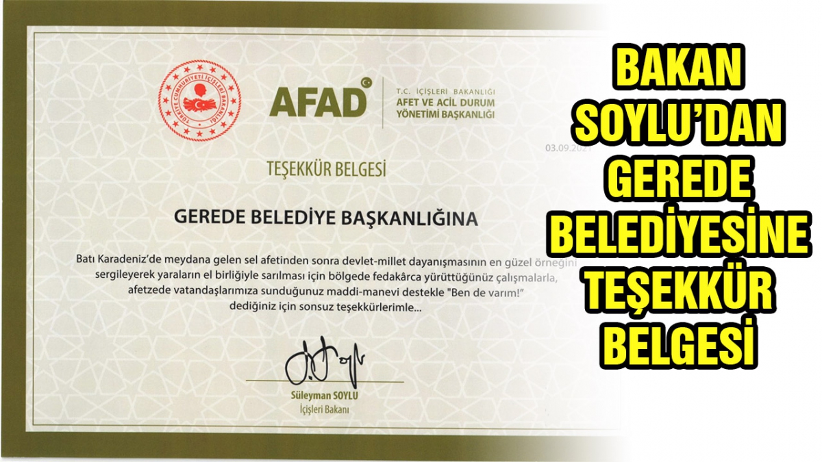 Gerede Belediyesi'ne Teşekkür Belgesi