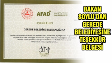 Gerede Belediyesi'ne Teşekkür Belgesi