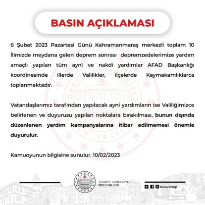 Bolu Valiliği'nden dikkat çeken yardım açıklaması