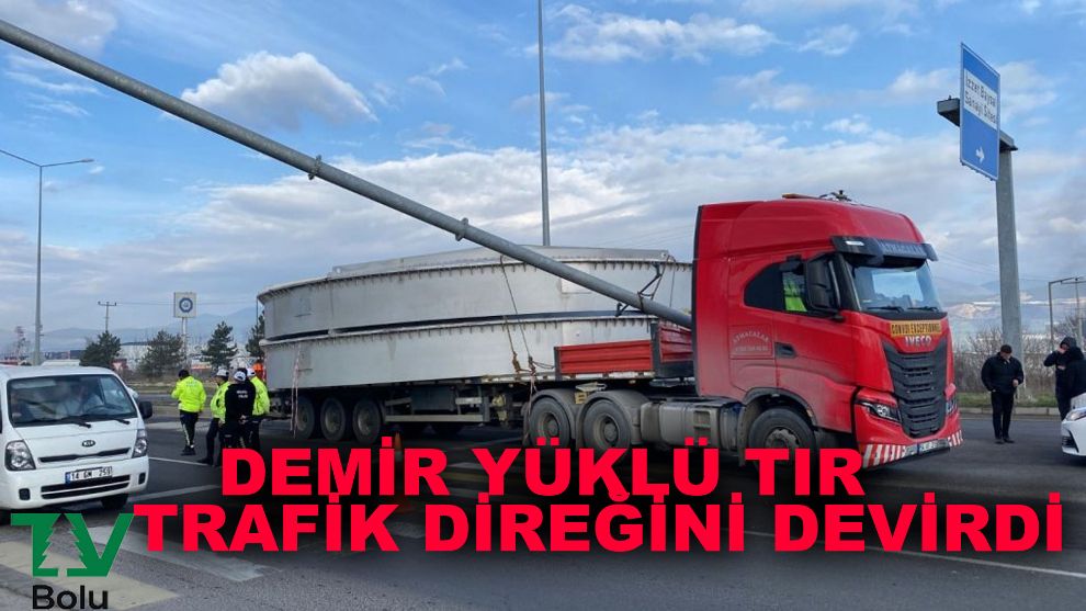 Demir yüklü tır, trafik direğini devirdi