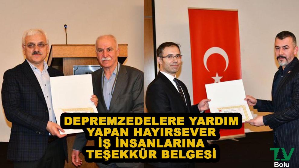 Depremzedelere yardım yapan hayırseverlere teşekkür belgesi