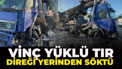 VİNÇ YÜKLÜ TIR DİREĞİ YERİNDEN SÖKTÜ 