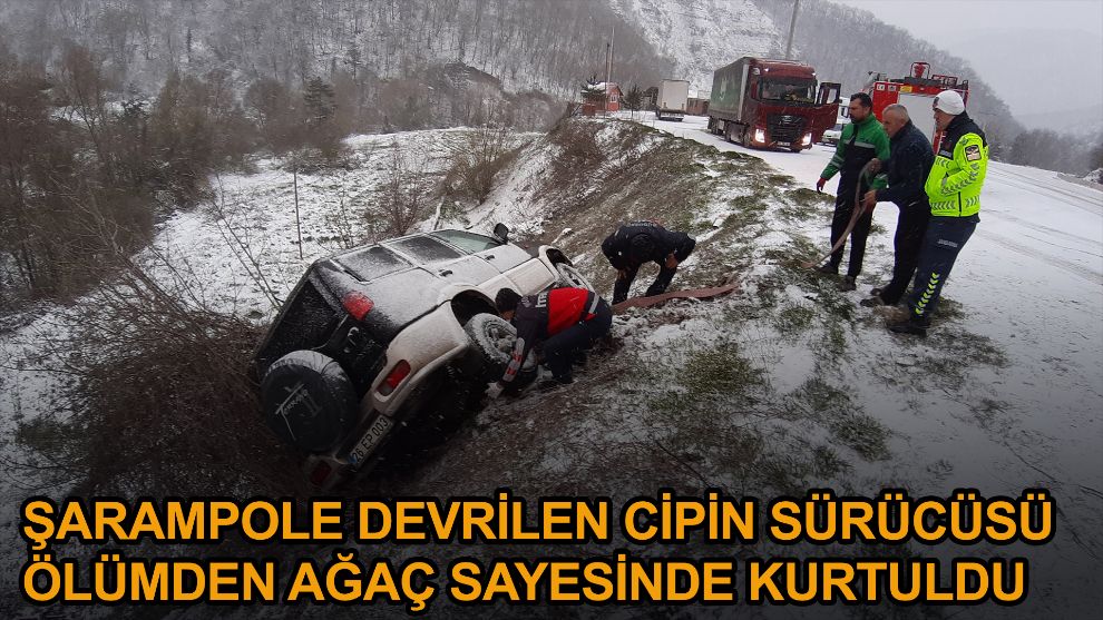 Şarampole devrilen cipin sürücüsü ölümden ağaç sayesinde kurtuldu
