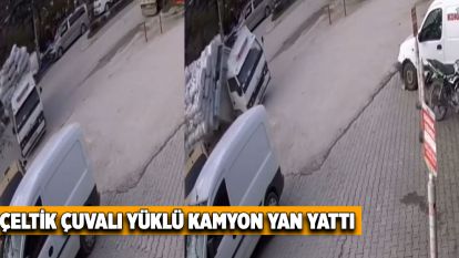 Çeltik çuvalı yüklü kamyon yan yattı