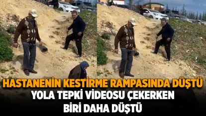 Hastanenin kestirme rampasında düştü: Yola tepki videosu çekerken biri daha düştü