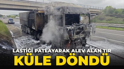 Lastiği patlayarak alev alan tır küle döndü