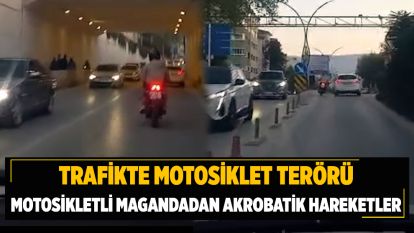 TRAFİKTE MOTOSİKLET TERÖRÜ...MOTOSİKLETLİ MAGANDADAN AKROBATİK HAREKETLER