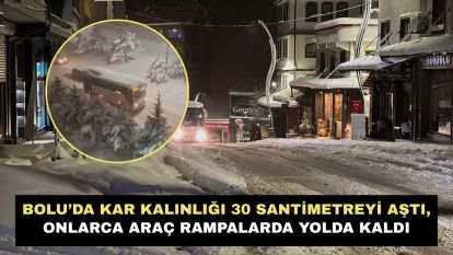 Bolu'da kar kalınlığı 30 santimetreyi aştı, onlarca araç rampalarda yolda kaldı