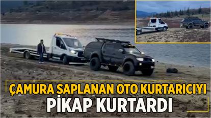 Çamura saplanan oto kurtarıcıyı pikap kurtardı