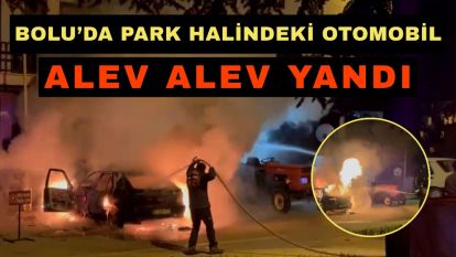 Bolu'da park halindeki otomobil alev alev yandı