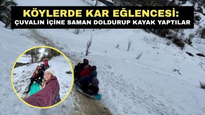 Köylerde kar eğlencesi: Çuvalın içine saman doldurup kayak yaptılar
