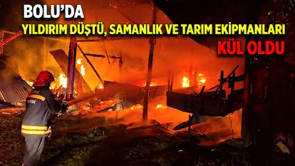 BOLU'DA YILDIRIM DÜŞTÜ, SAMANLIK VE TARIM EKİPMANLARI KÜL OLDU