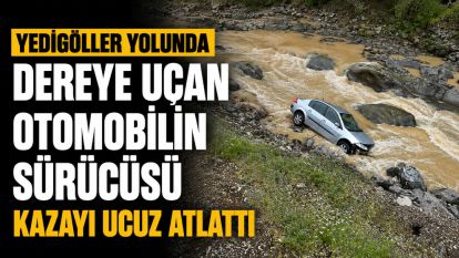  Yedigöller Yolunda  Dereye Uçan Otomobilin Sürücüsü Kazayı Ucuz Atlattı