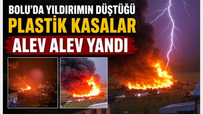 Bolu'da yıldırımın düştüğü plastik kasalar alev alev yandı
